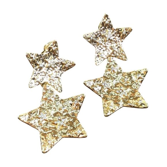 Gold Tone Star Shaped Clip On Dangle Earrings Rhinestone Accents - Picture 3 of 5